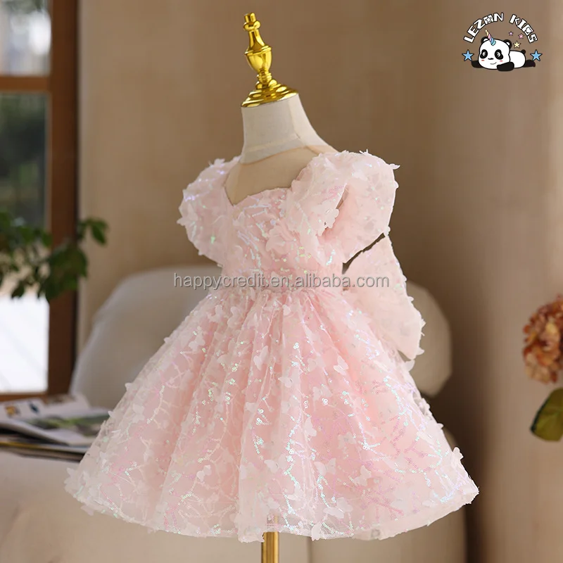 LEZONKIDS - Customizable Ins Customized Shiny Solid Butterfly Flying Sleeve Girls Sequin Tulle Dress for Summer
